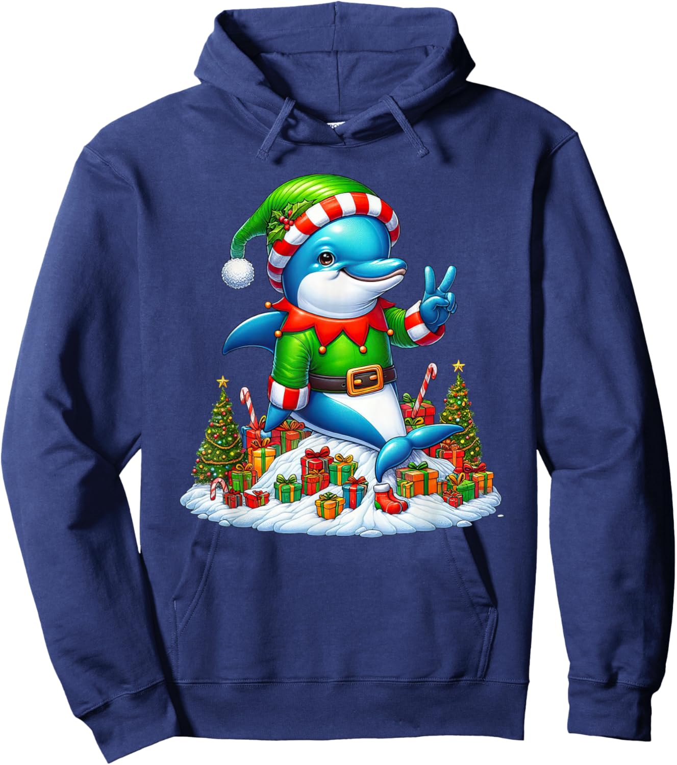 Funny Peace Hand Dolphin Elf Christmas Kids Hoodie - Hoodie | Navy