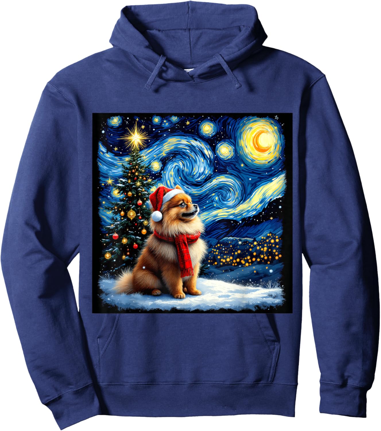 Pomeranian Starry Night Christmas Van Gogh Dog Santa Hat Hoodie - Hoodie | Navy