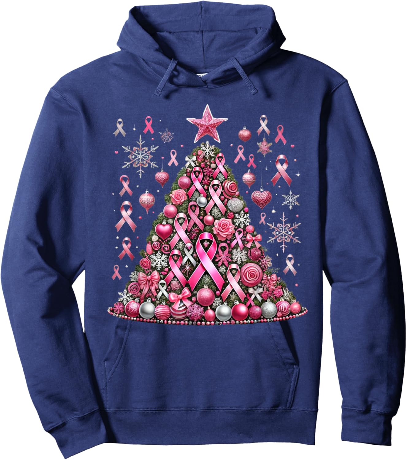 Snowflakes Ornament Decoration Breast Cancer Christmas Tree Hoodie - Hoodie | Navy