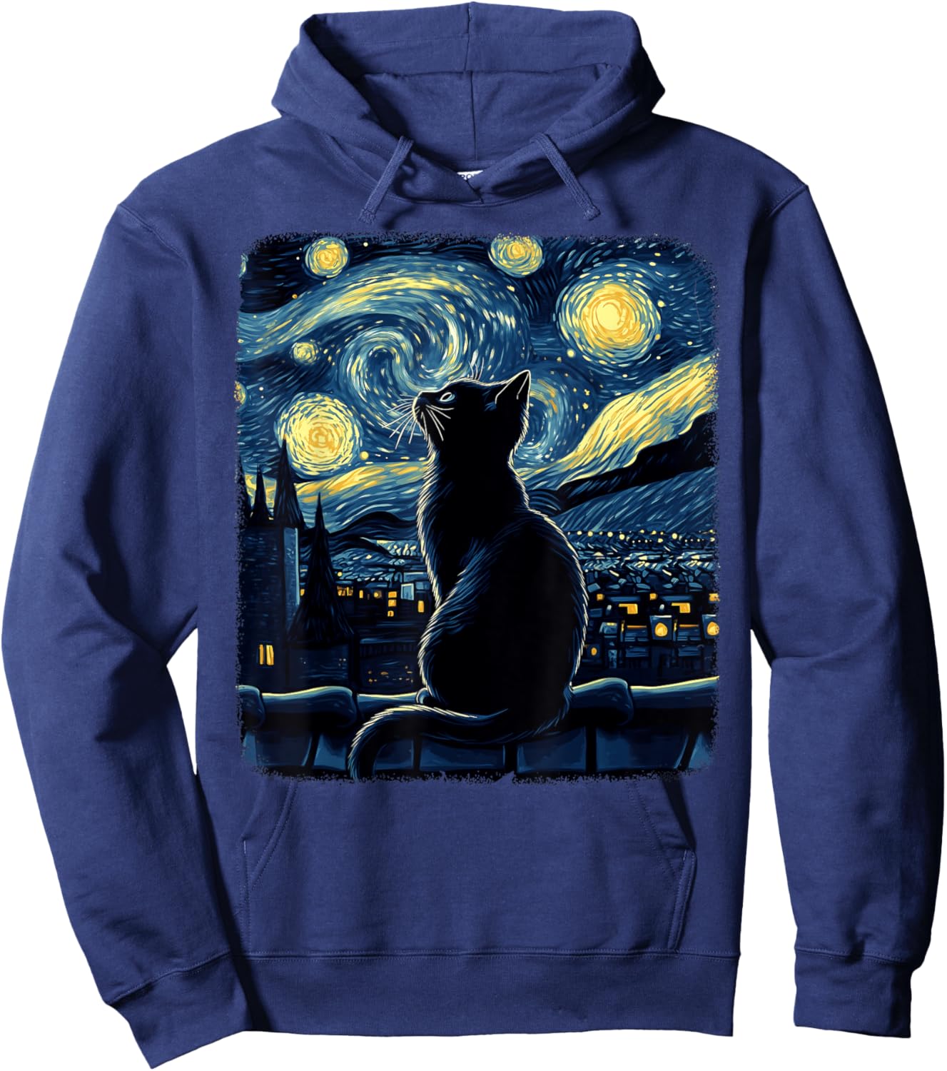 Halloween Van Gogh Starry Night Painting Black Cat Kitten Women Kids Hoodie - Hoodie | Navy