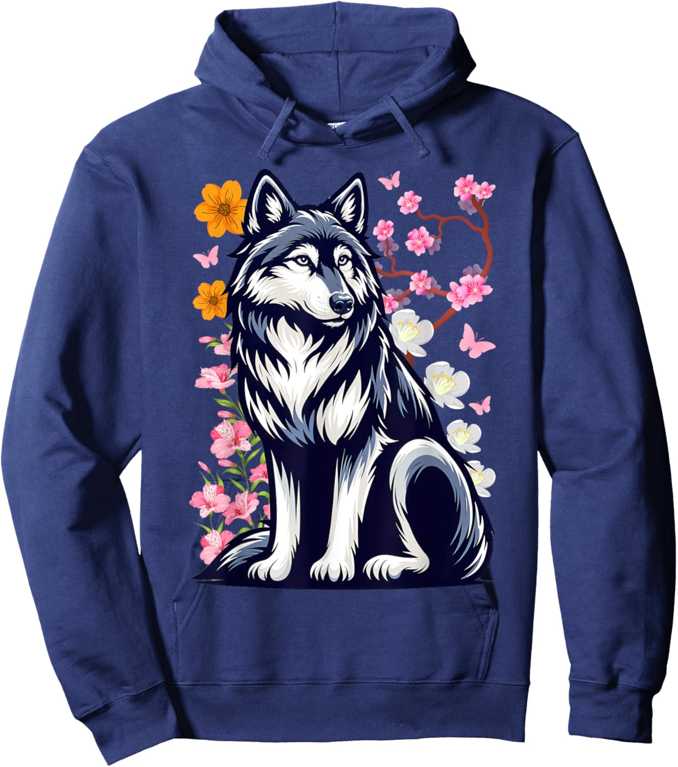 Cute Wolf With Flowers I Kids Wolf Hoodie - Hoodie | Navy
