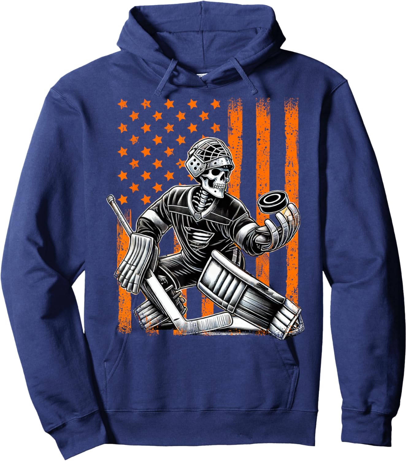 Spooky American Skeleton Ice Hockey Goalie Halloween USA Hoodie - Hoodie | Navy