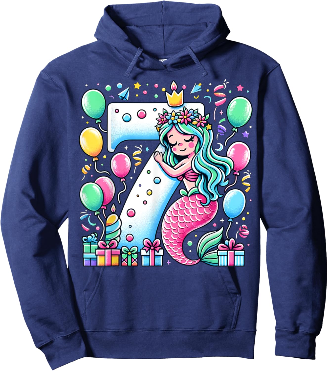 Mermaid 7th birthday for boy girl 7 years old seven Mermaid Hoodie - Hoodie | Navy