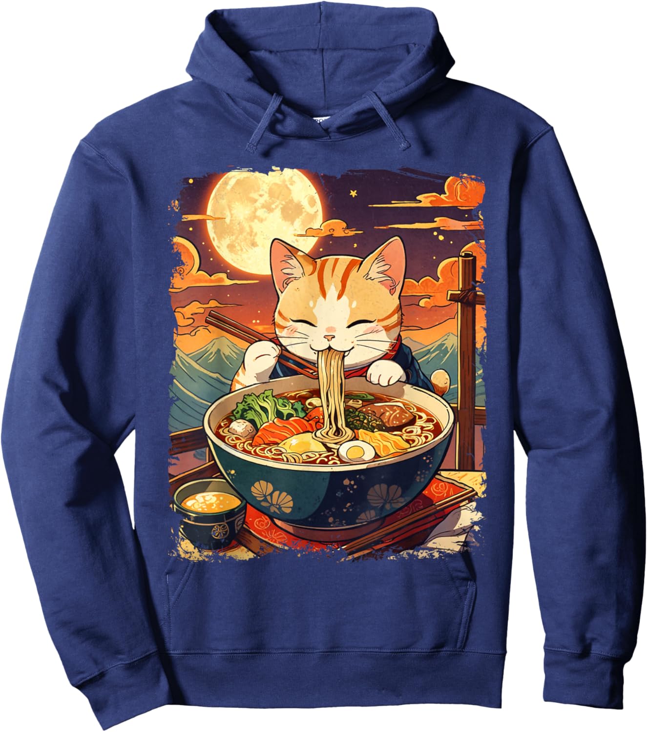 Cat Ramen Japanese Funny Graphic Kawaii Cat Anime Ukiyo-e Hoodie - Hoodie | Navy