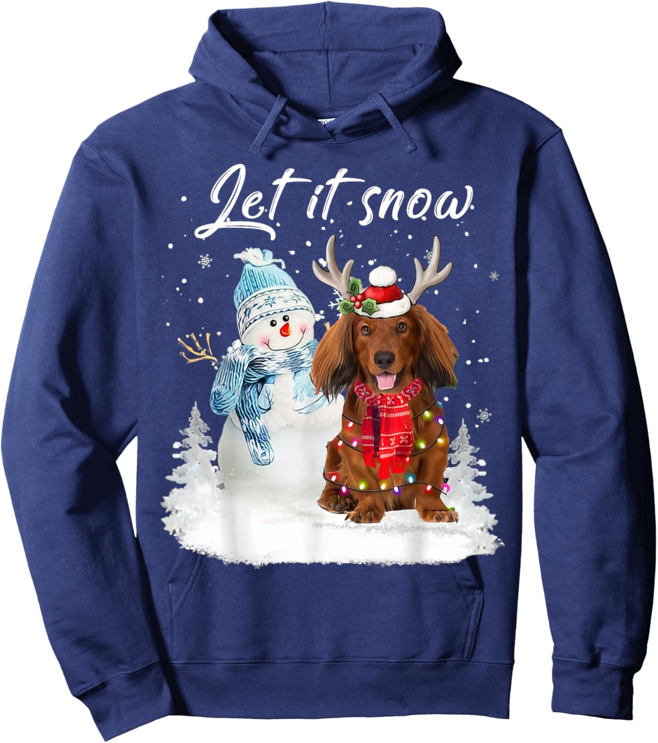 Red Long Haired Dachshund Santa Dog Christmas Snowman Xmas Hoodie - Hoodie | Navy
