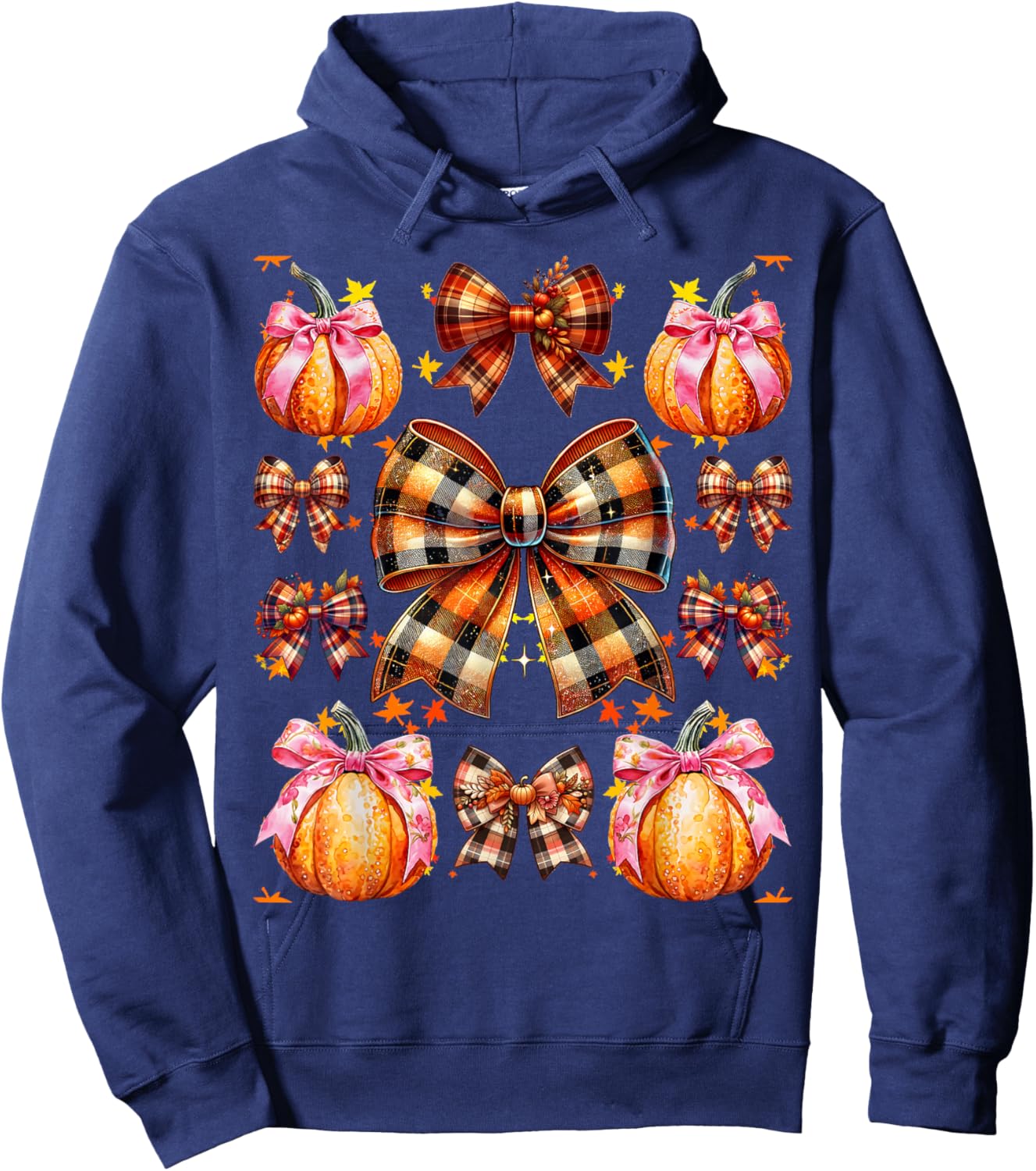 Coquette Bow Pumpkin Season Thanksgiving Autumn Fall Leaves Hoodie - Hoodie | Navy