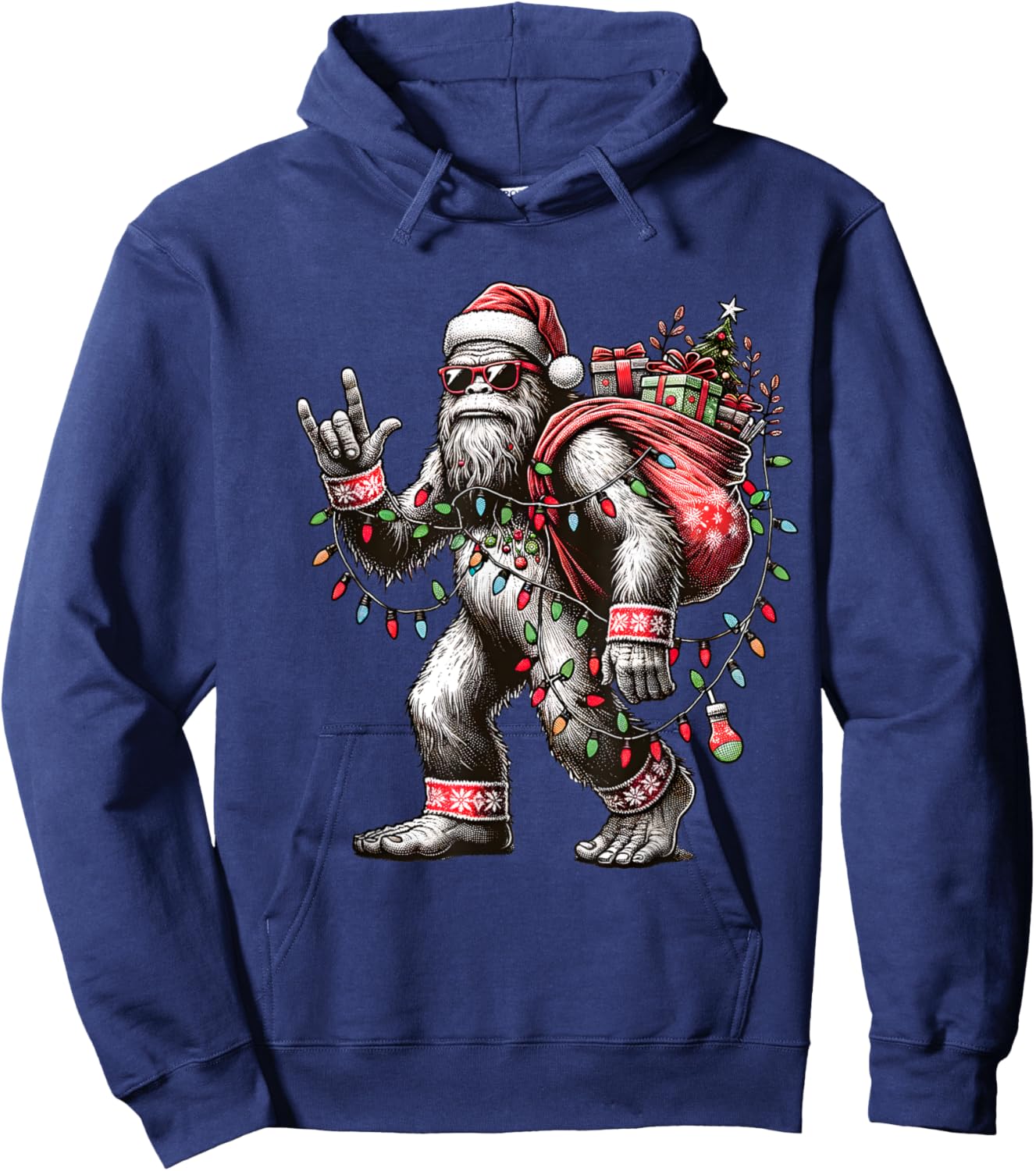 Funny Bigfoot Christmas Santa Sasquatch with Lights Hoodie - Hoodie | Navy