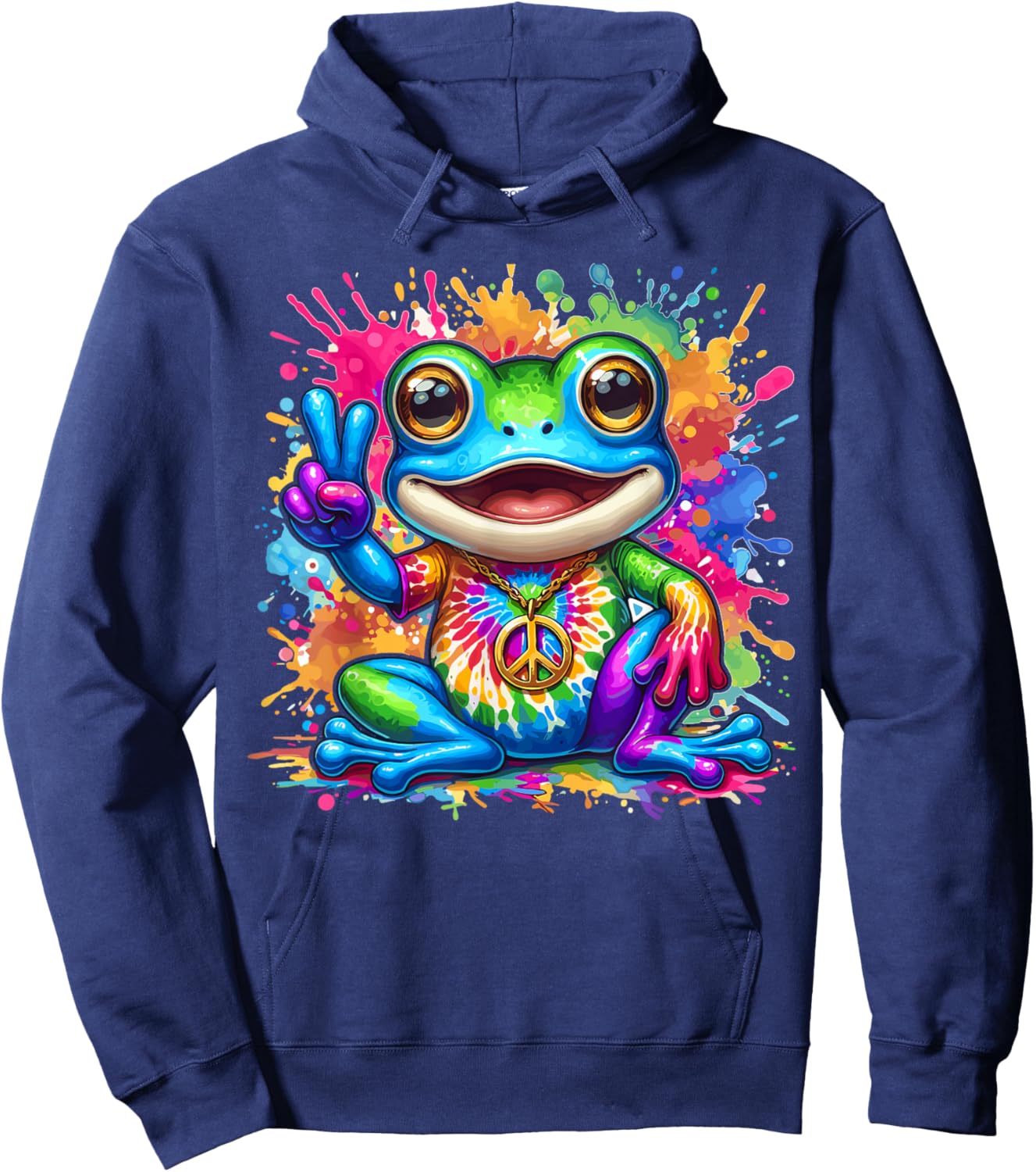 Magical and Funny Hippie Gifts Tie-Dye Frog Peace Sign Hippie Hoodie - Hoodie | Navy