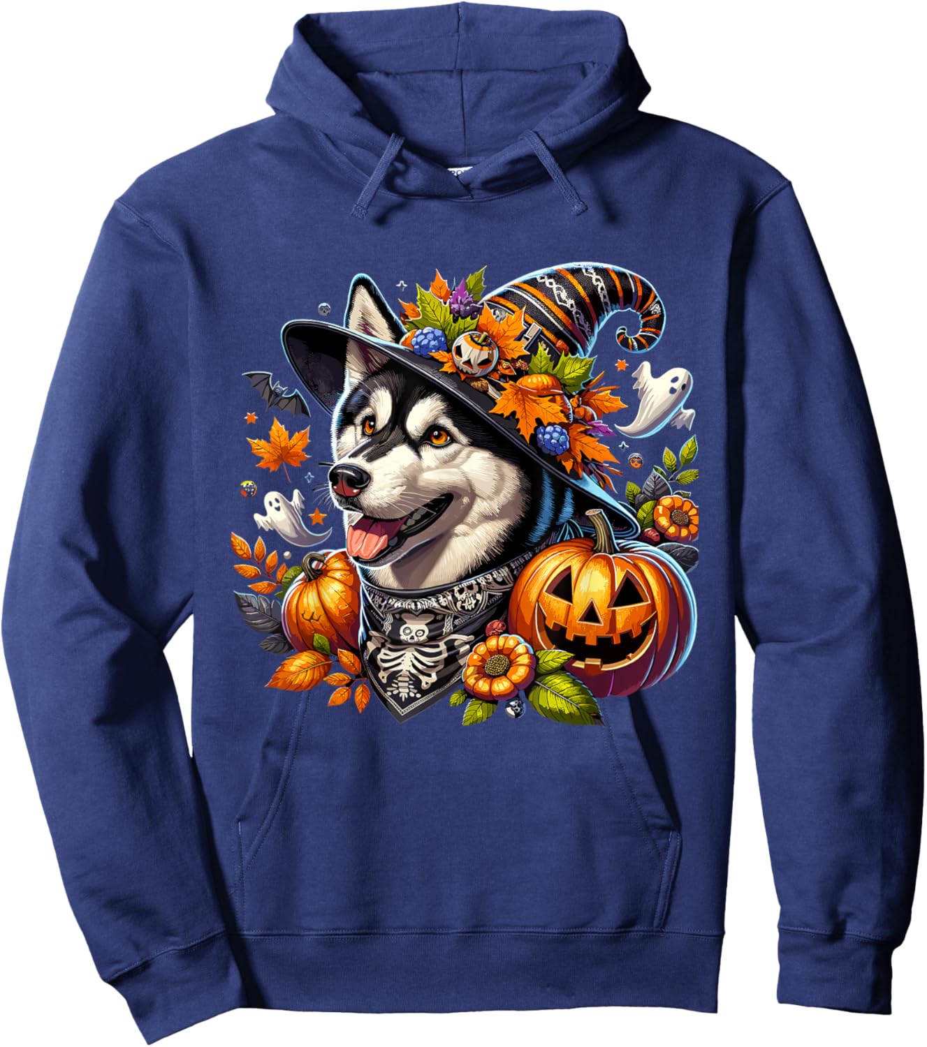 Halloween Siberian Husky Fall Leaves Autumn Pumpkin Ghost Hoodie - Hoodie | Navy