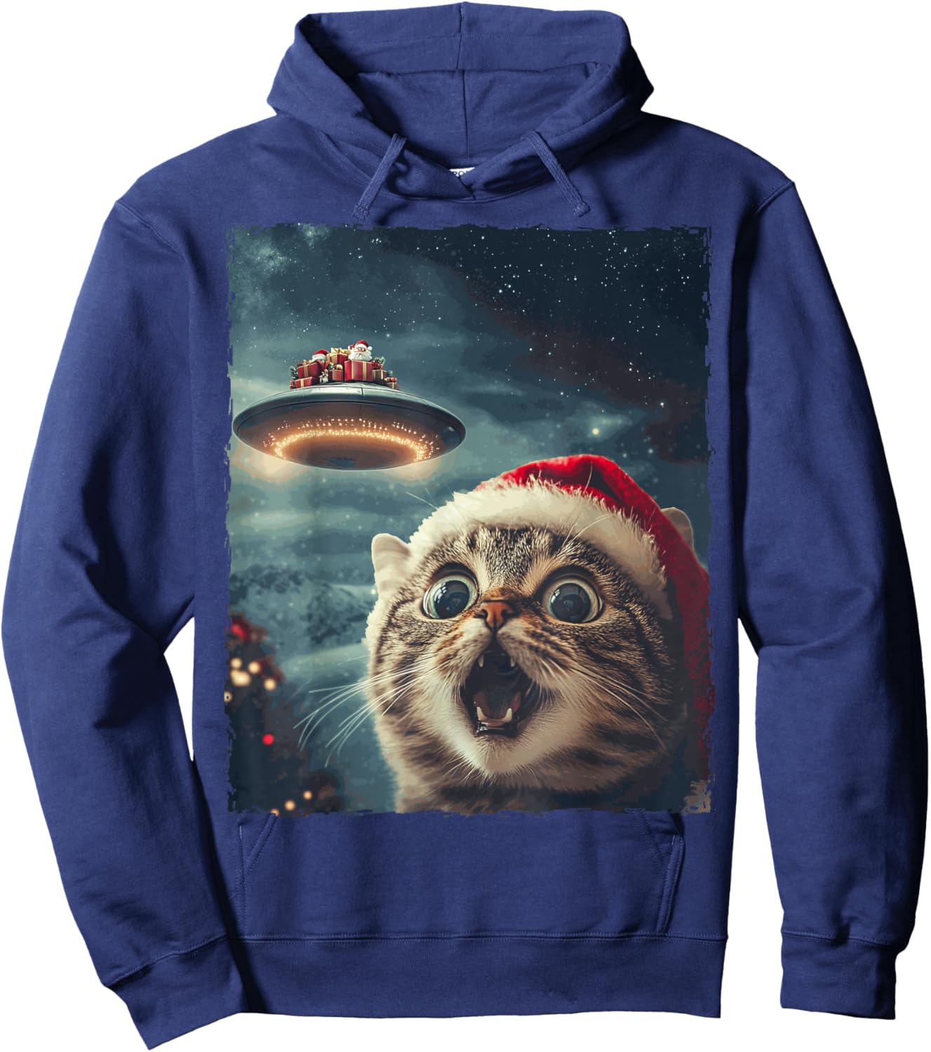 Funny Cat Selfie Santa Ufo Xmas Christmas Hoodie - Hoodie | Navy