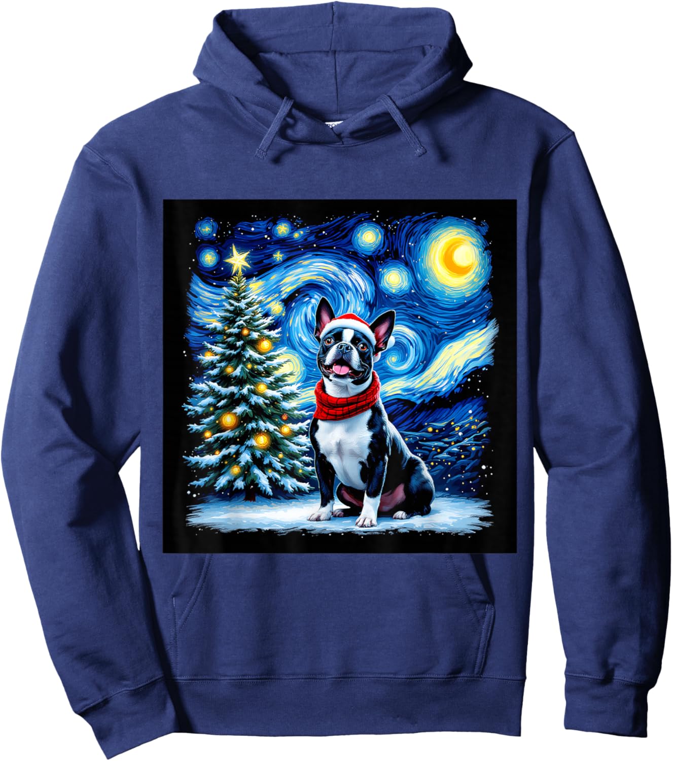 Boston Terrier Starry Night Christmas Van Gogh Dog Santa Hat Hoodie - Hoodie | Navy