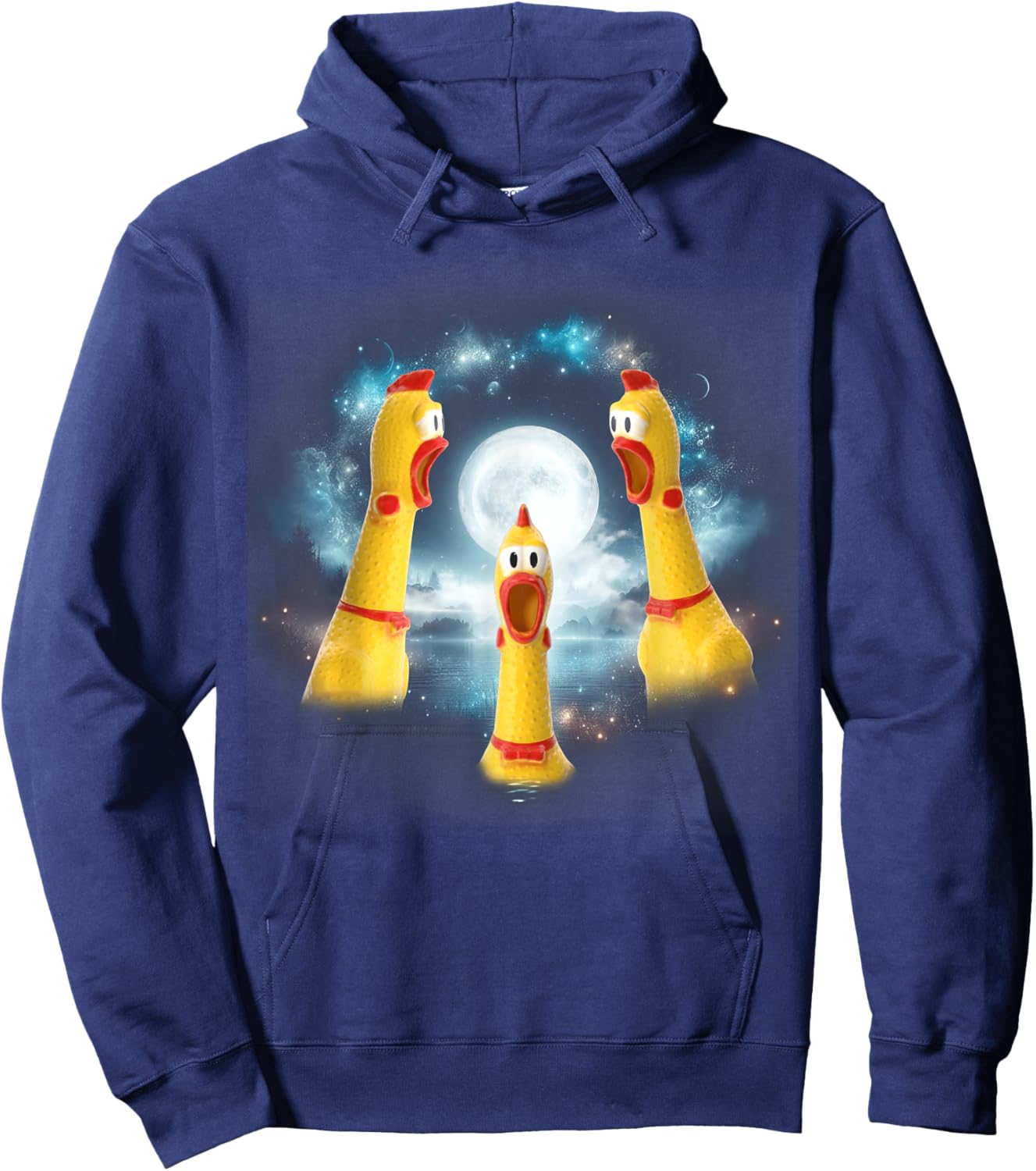 Three Rubber Chicken Moon Funny Screaming Fowl CursedJoke Hoodie - Hoodie | Navy