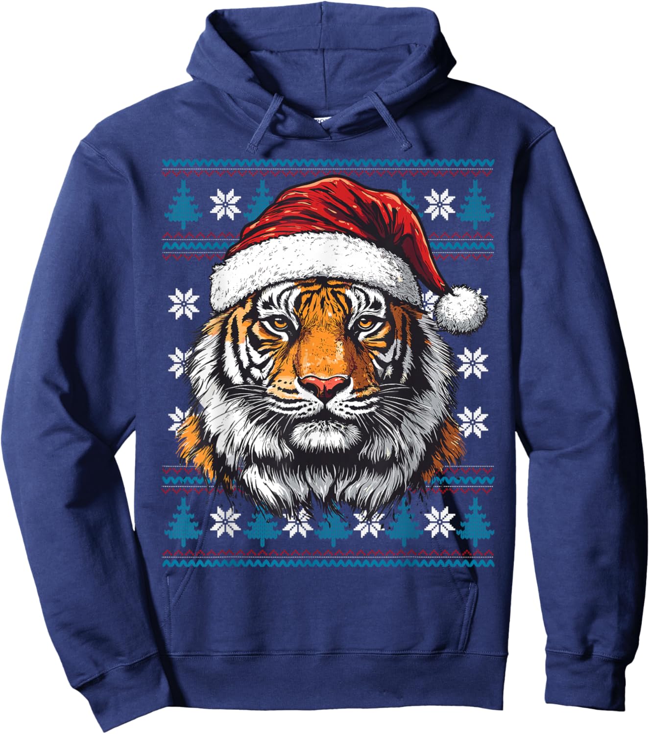 Tiger Santa Hat Ugly Christmas Sweater Tiger Lovers Holiday Hoodie - Hoodie | Navy