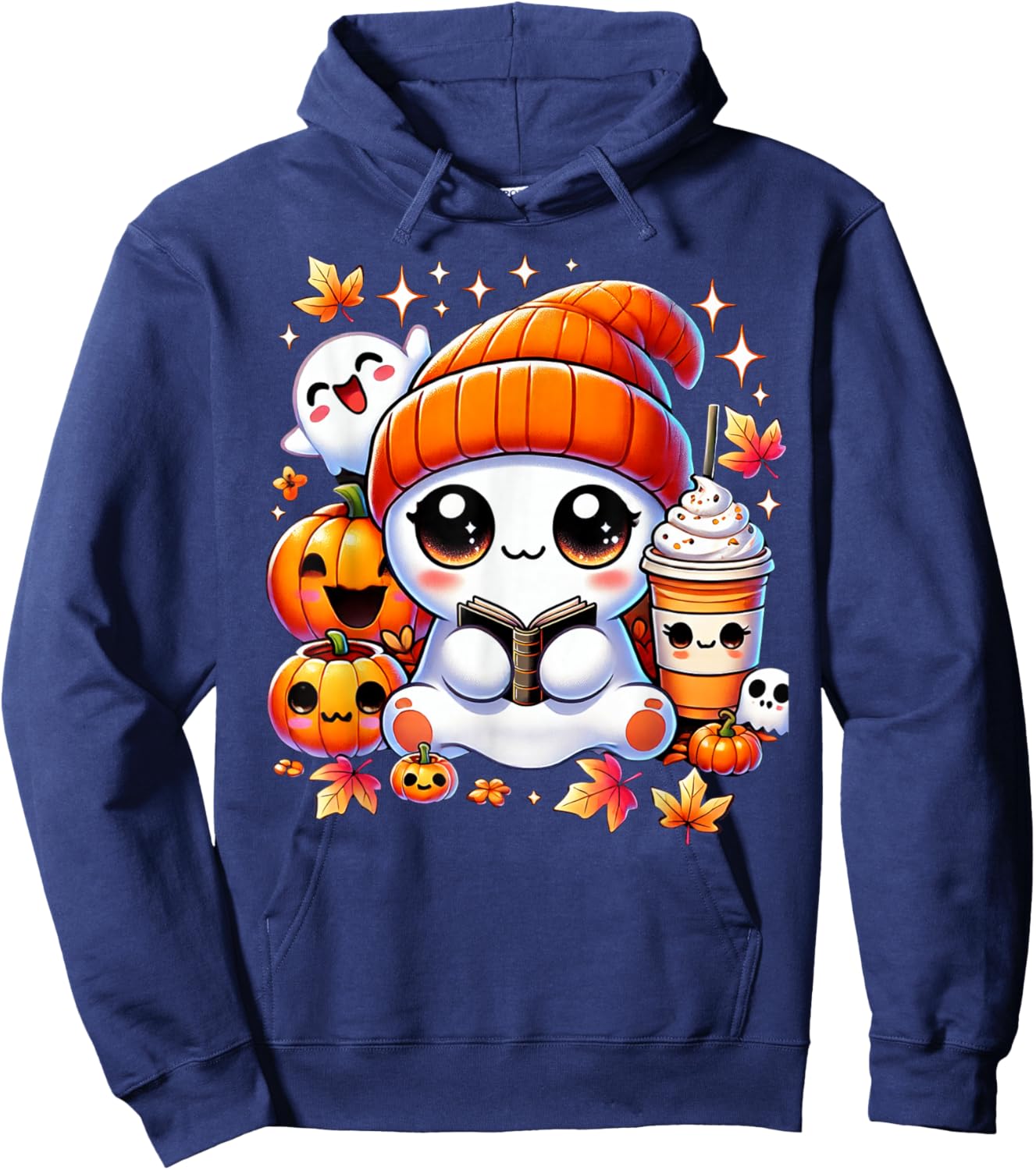 Cute Ghost Reading Book Pumpkins Fall Chocolate Halloween Hoodie - Hoodie | Navy