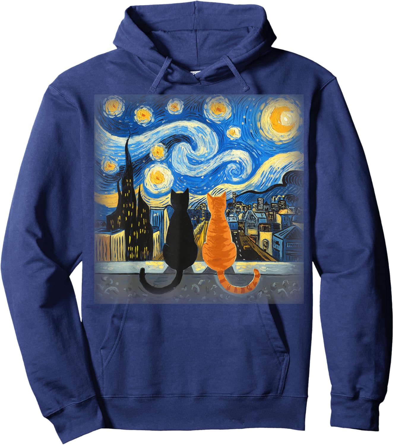 Vincent Van Gogh Starry Night Cat Gift Cat Mom & Dad Hoodie - Hoodie | Navy
