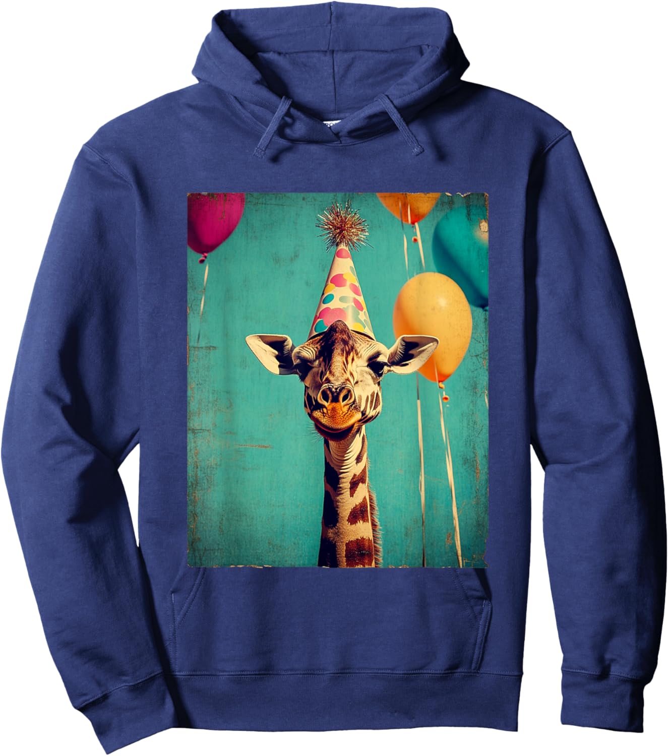 Giraffe Animal Zoo Birthday Party Apparel -Kids Retro Art Print Giraffe Birthday Party Black Short Sleeve Small Hoodie - Hoodie | Navy