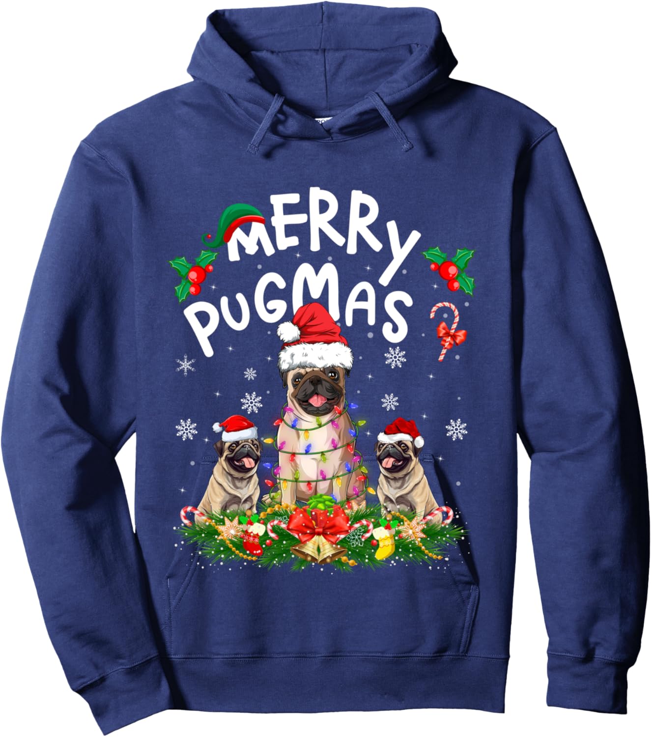 Merry Pugmas Xmas Lighting Santa Pug Dog Christmas Hoodie - Hoodie | Navy