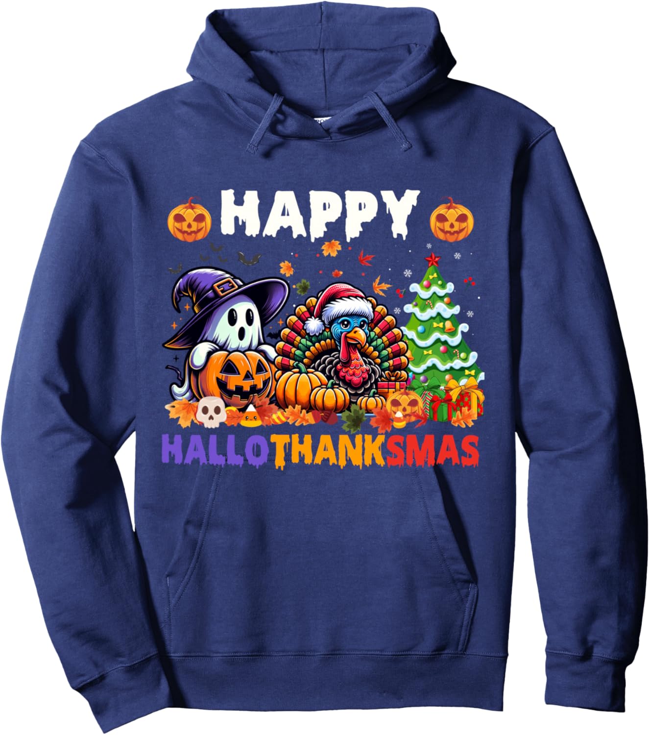 Halloween Thanksgiving Christmas Happy Hallothanksmas Hoodie - Hoodie | Navy