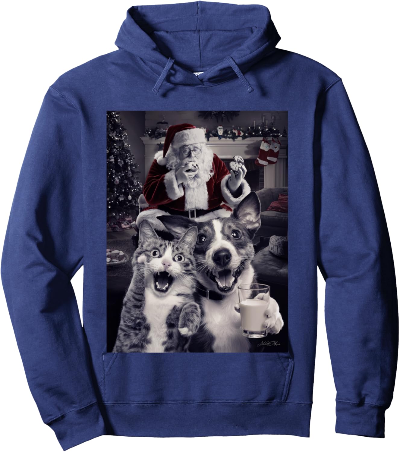 Funny Dog and Cat Selfie With Santa Christmas Hoodie - Hoodie | Navy