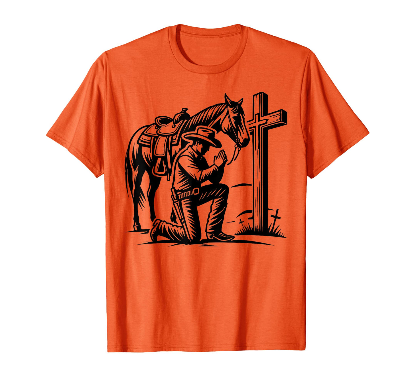 Cowboy Praying, Western Theme, Horse and Cross, Faith T-Shirt