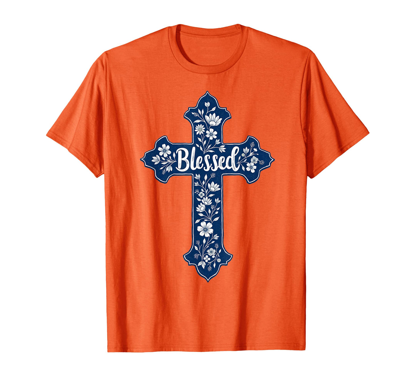 Christian Faith Cross Blue Toile Chinoiserie Floral T-Shirt