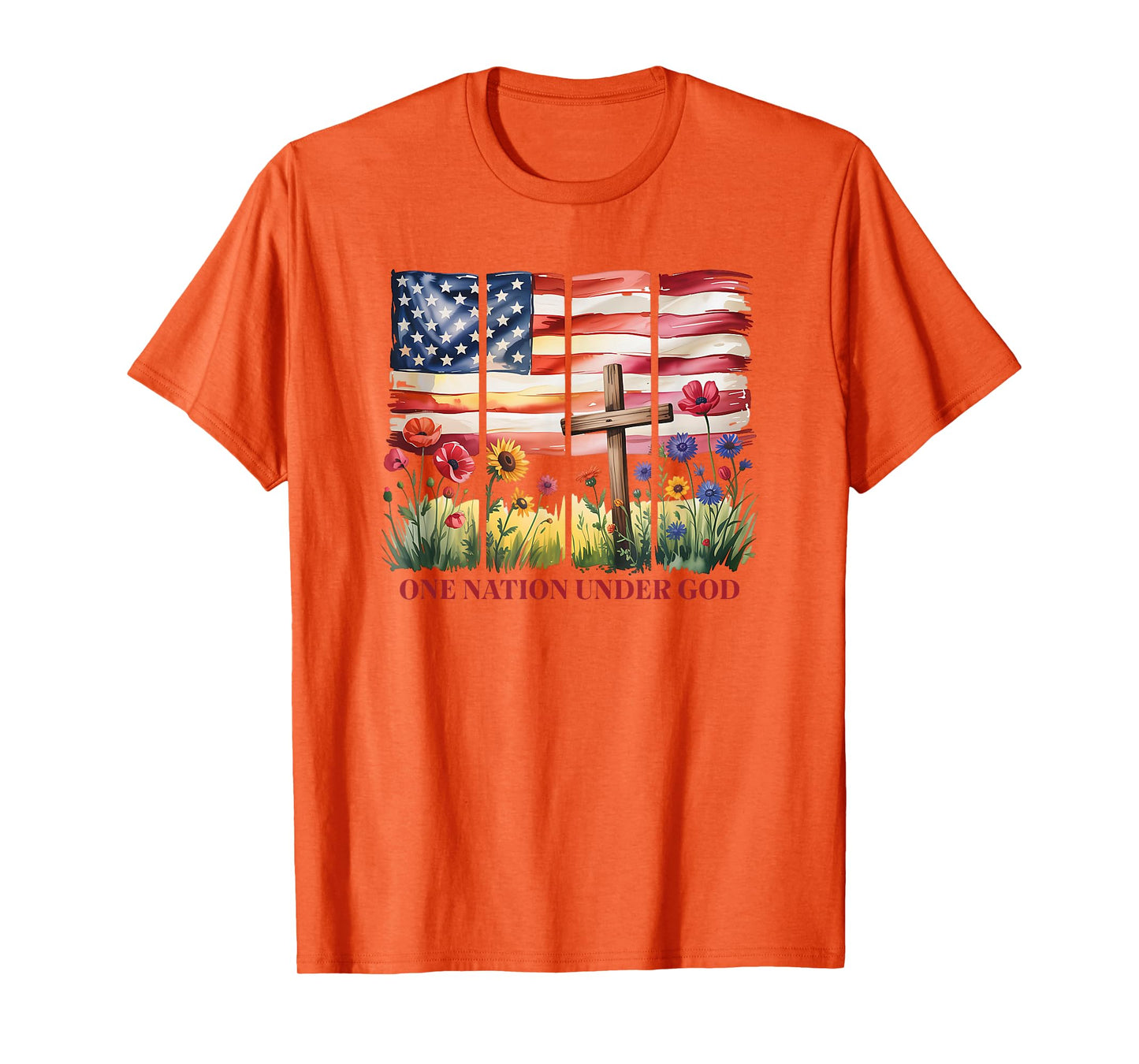 One Nation Under God American Flag Cross & Wildflower T-Shirt
