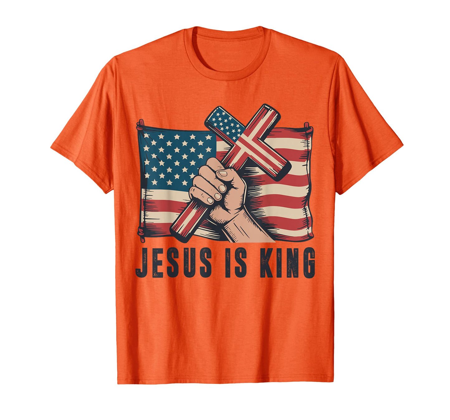 Mens Jesus is King American Flag Christian Patriotic Cross T-Shirt