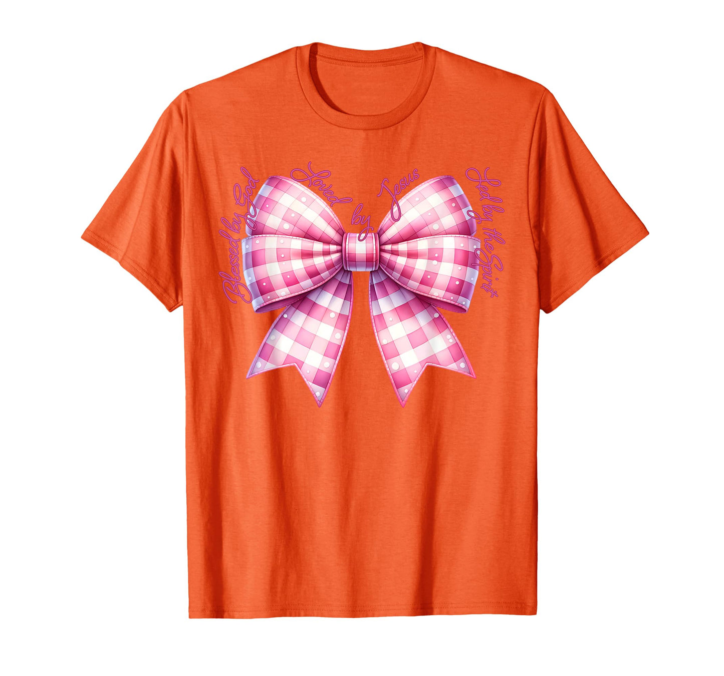 Blessed By God Loved By Jesus Pink Gingham Coquette Bow T-Shirt