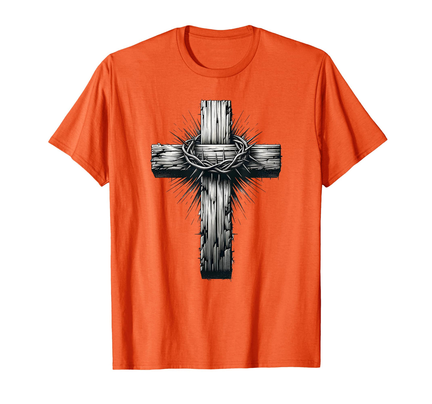 Rustic Wooden Cross Graphic Crown of Thorns Christian Faith T-Shirt