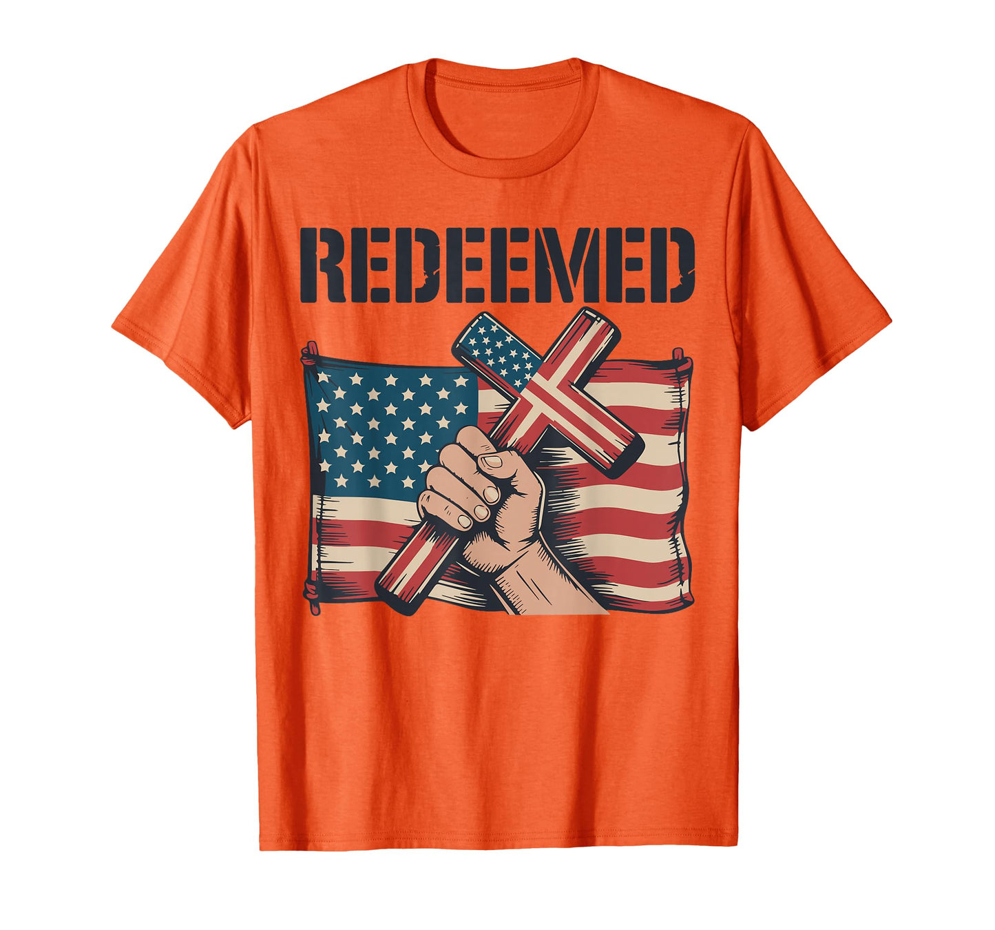 Men's Redeemed Christian Patriotic Cross Faith American Flag T-Shirt