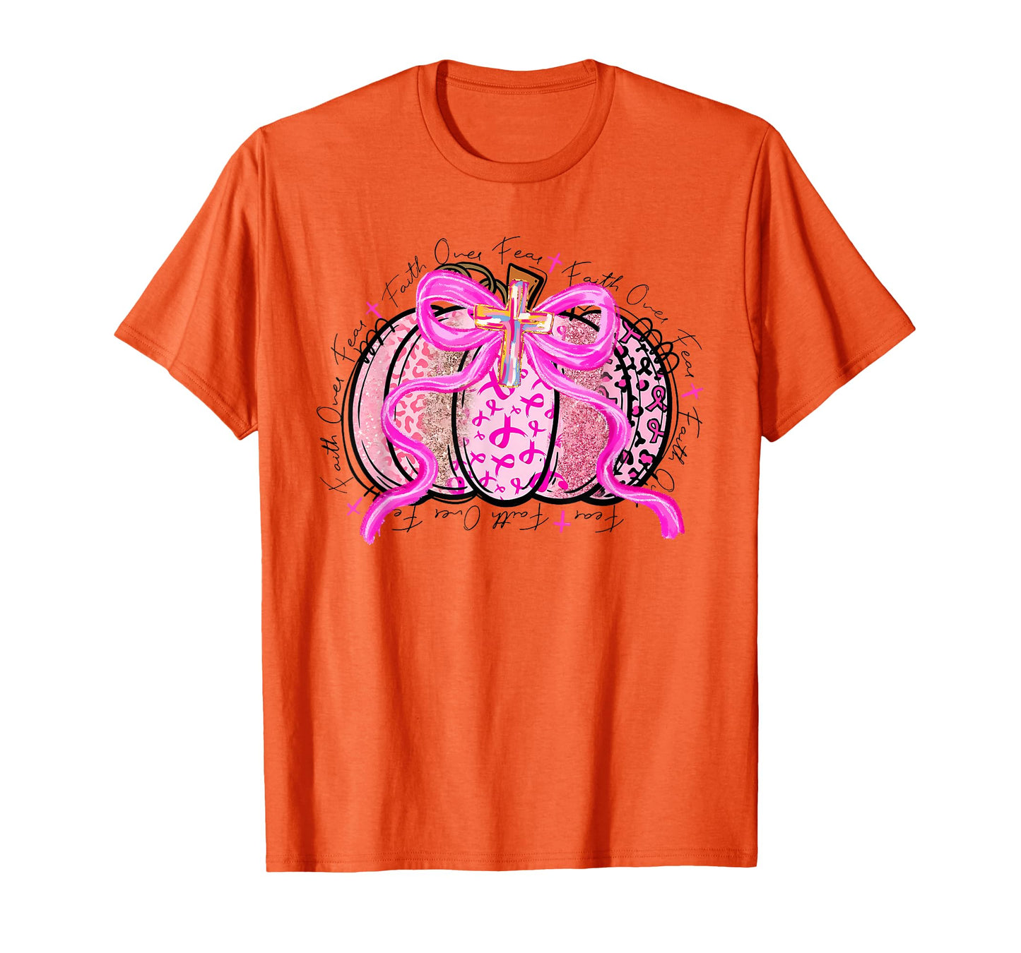Faith Over Fear Preppy Pumpkin Christian Breast Cancer Fall T-Shirt