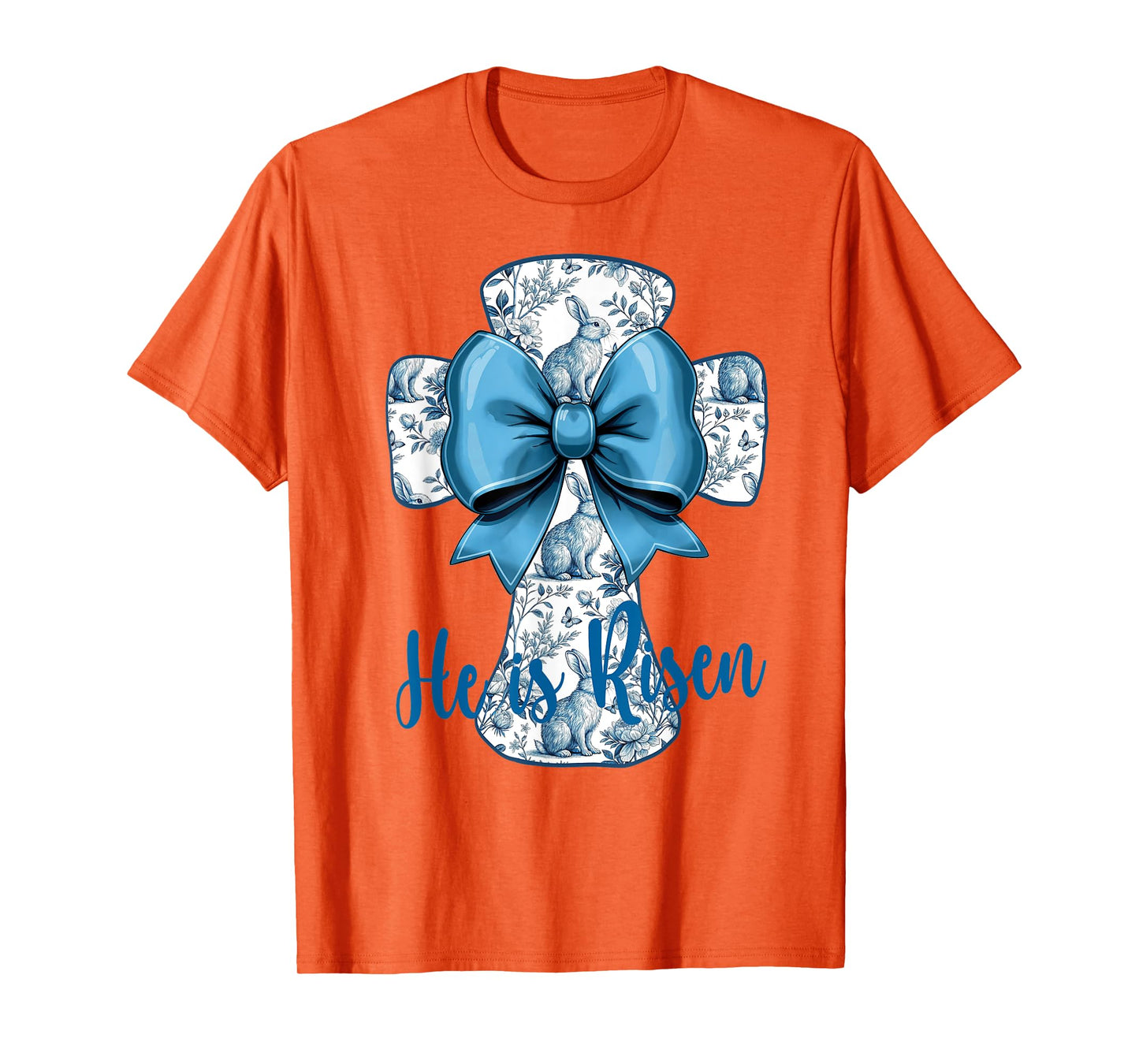 Easter Design He Is Risen Blue Toile Cross Christian Faith T-Shirt