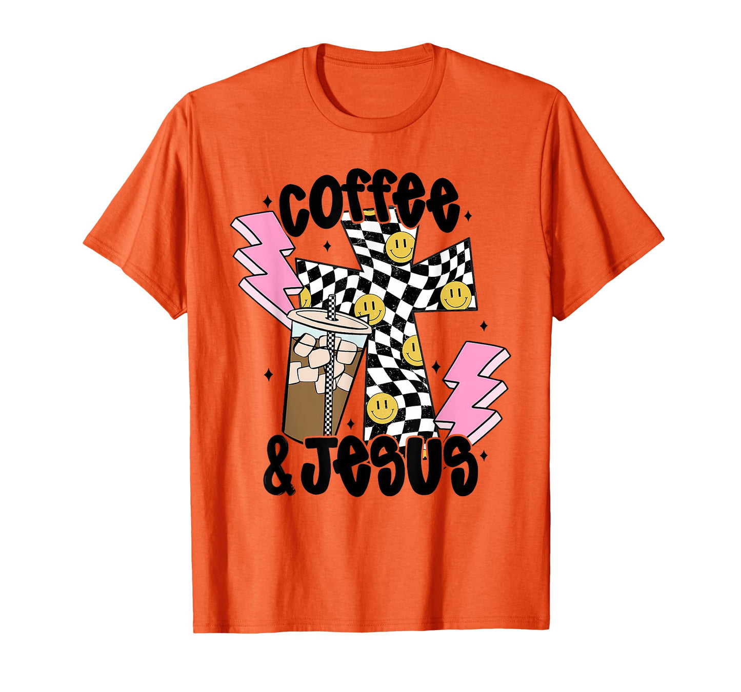 Retro Checkered Coffee and Jesus, Aesthetic Christian Women T-Shirt