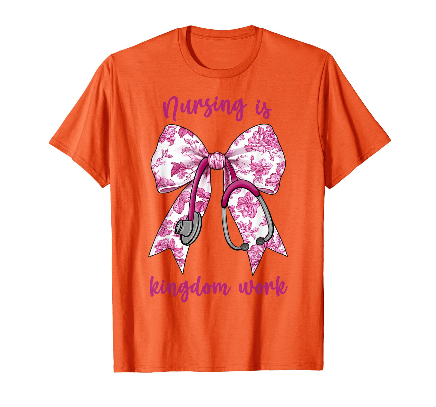 Christian Nurse, Nursing is Kingdom Work, Pink Toile Bow T-Shirt