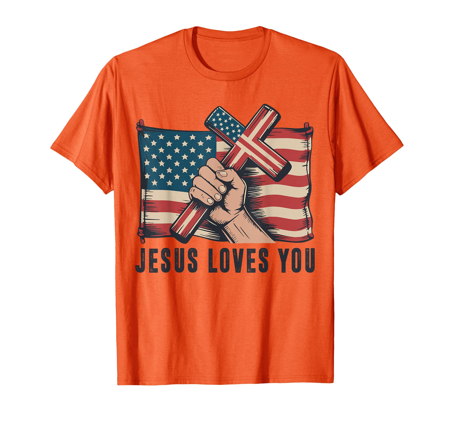 Mens Jesus Loves You American Flag Christian Patriotic Cross T-Shirt