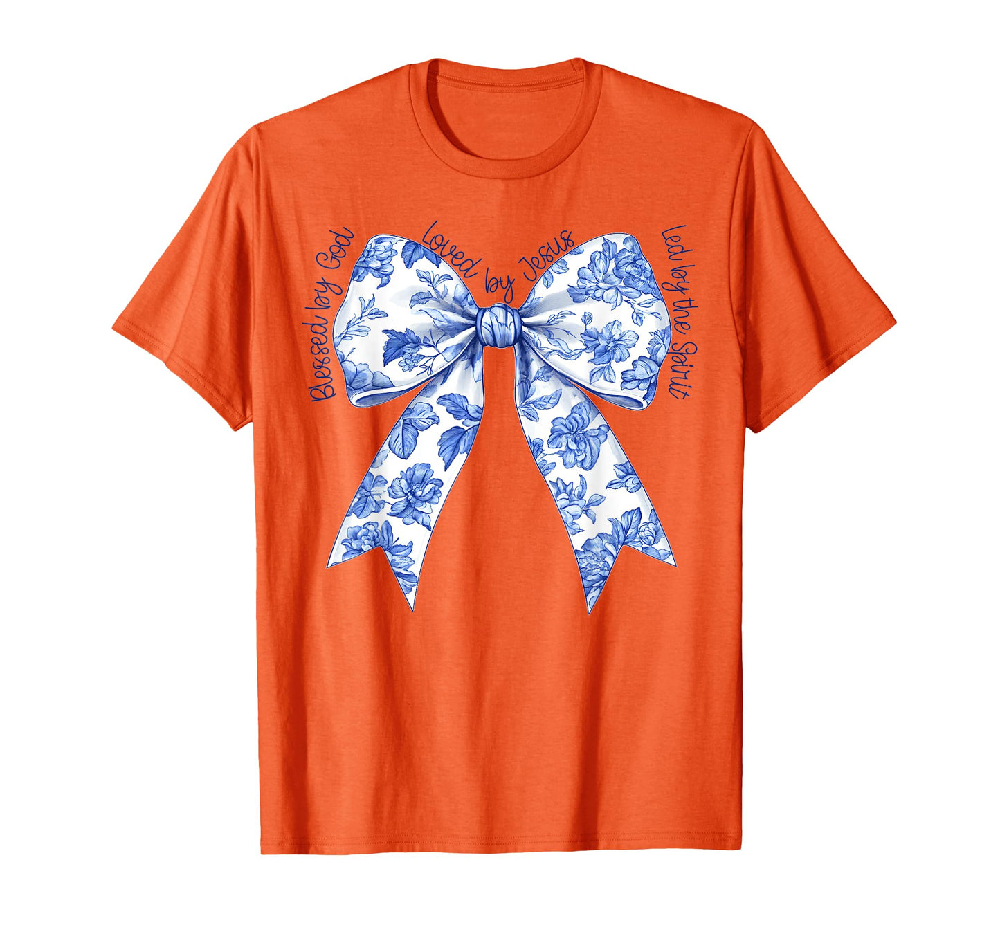 Blessed By God Loved By Jesus Blue Toile Coquette Bow T-Shirt