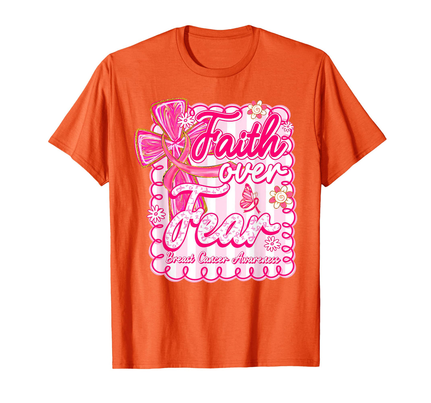 Faith Over Fear Coquette Bow Plaid Breast Cancer Awareness T-Shirt