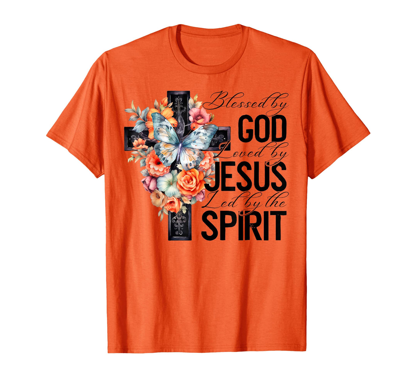 Blessed By God Loved By Jesus Floral Cross Faith Christian T-Shirt
