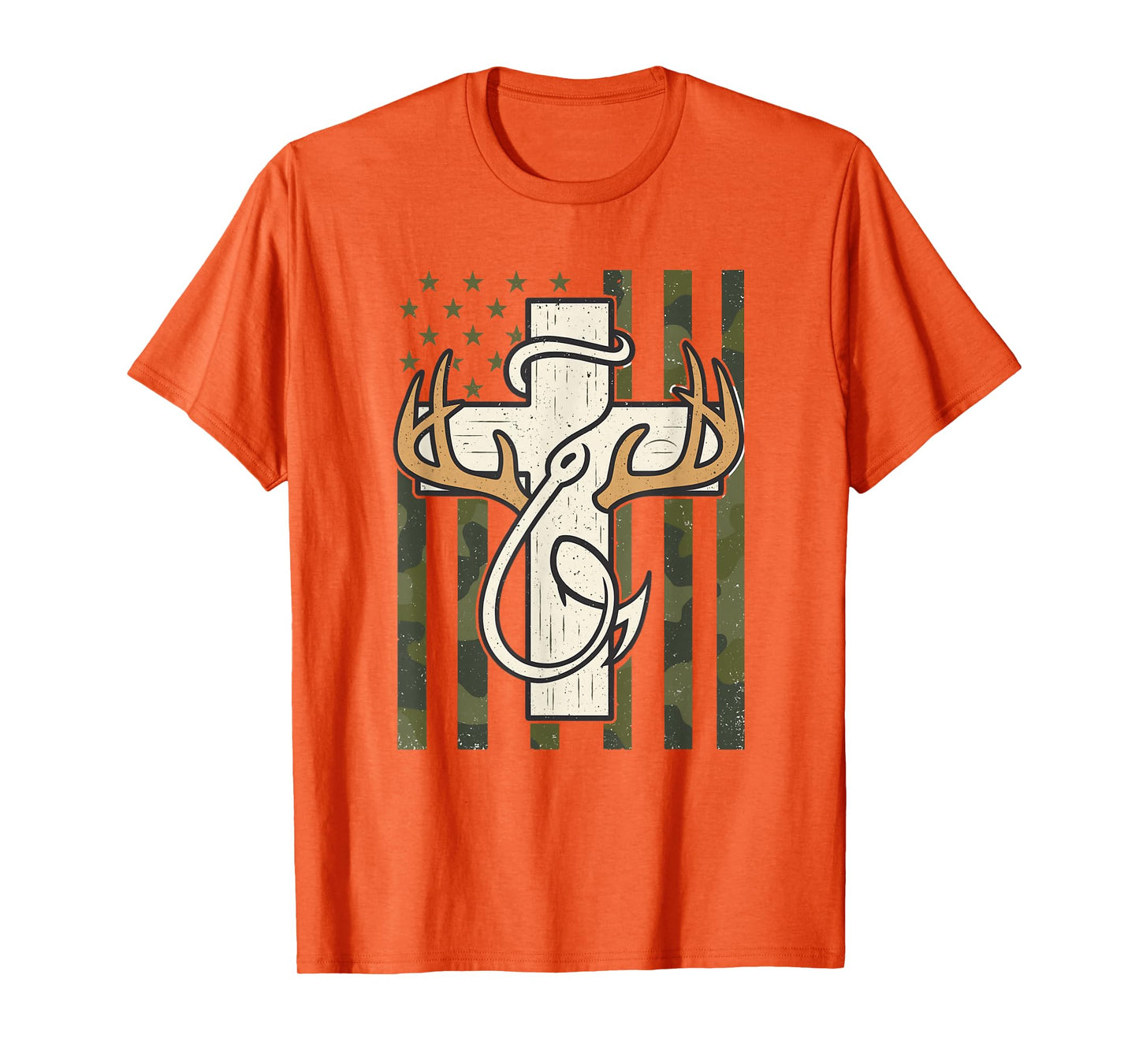 Cross Antlers Fishing Hook Camo Flag Christian Hunter T-Shirt