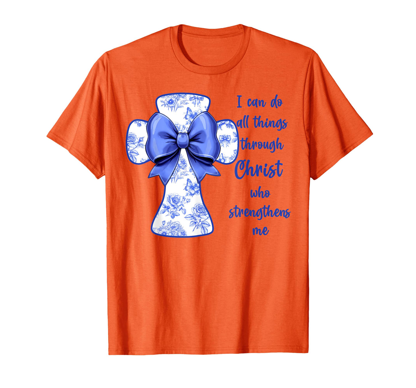 I Can Do All Things Through Christ Blue Toile Cross And Bow T-Shirt