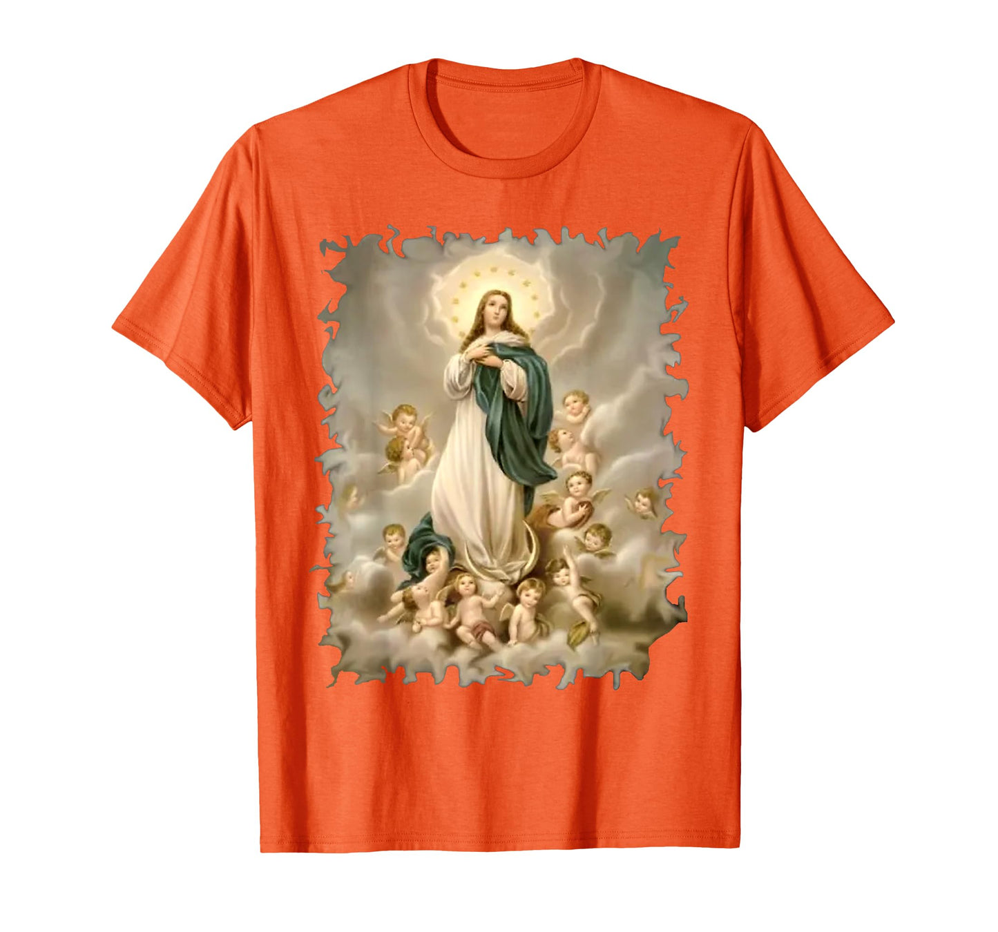 Blessed Virgin Mary and Cute Angels Pattern in Heaven Scene T-Shirt