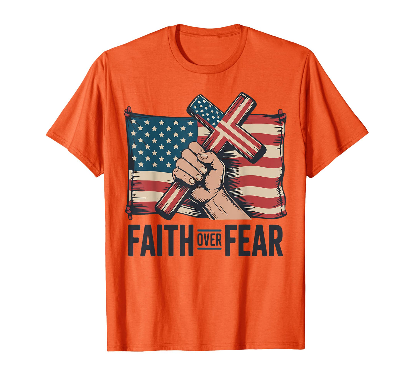 Christian Patriotic Cross Faith Over Fear American Flag Mens T-Shirt