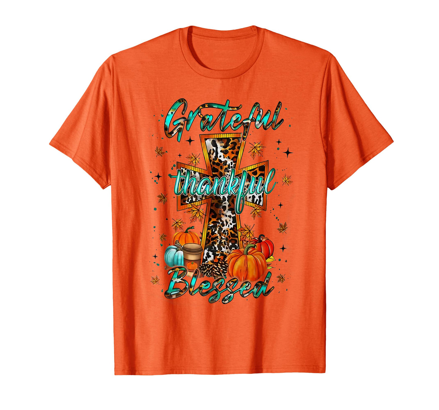 Grateful Thankful Blessed Cross Faith Pumpkin Leopard Autumn T-Shirt