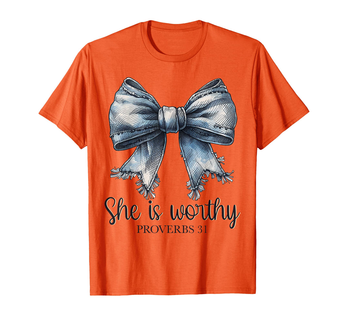 Denim She is Worthy Bow Proverbs Coquette Christian Women's T-Shirt
