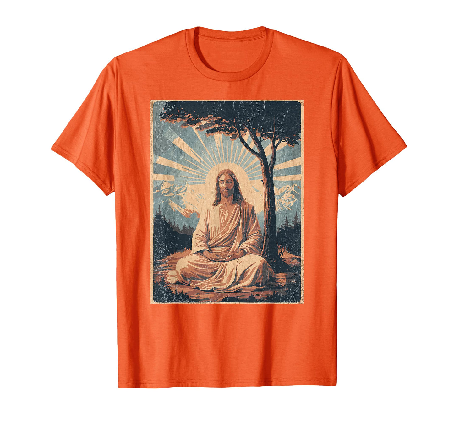 Jesus Meditating Under Tree, Mountains - Retro Faded Print T-Shirt