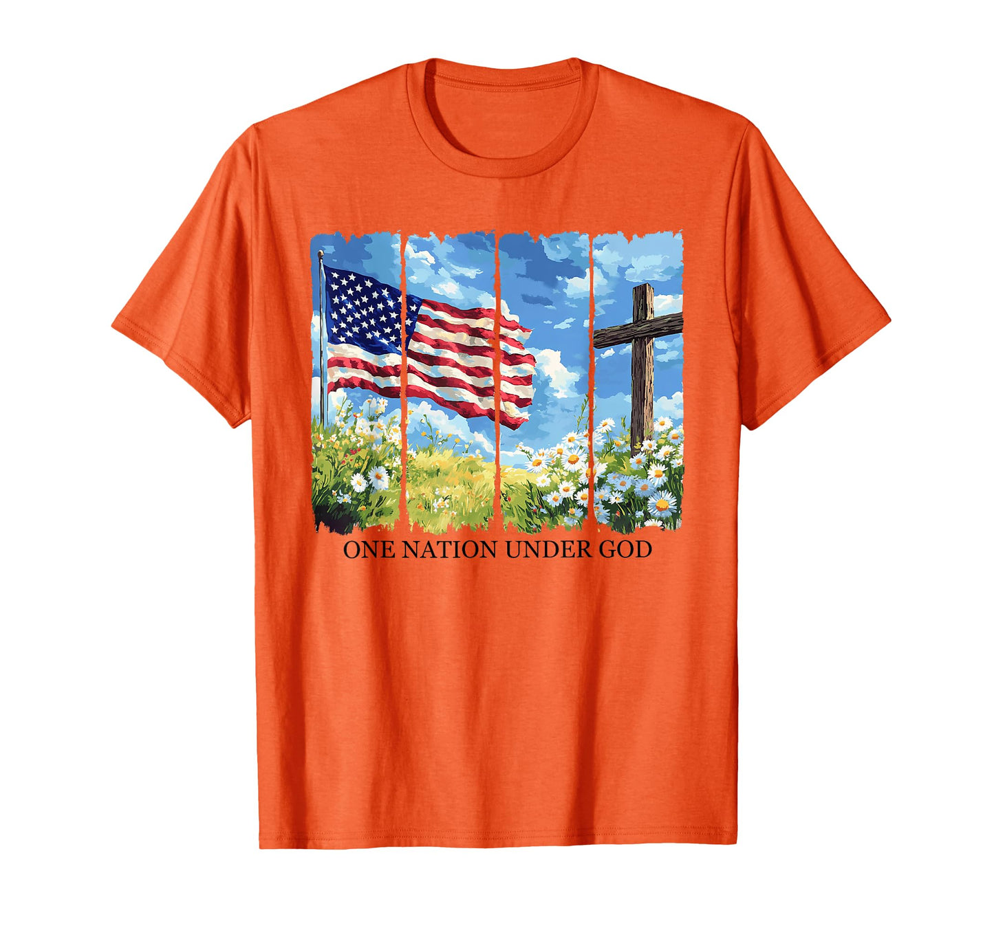 One Nation Under God USA Flag Flowers Red White Blue Cross T-Shirt