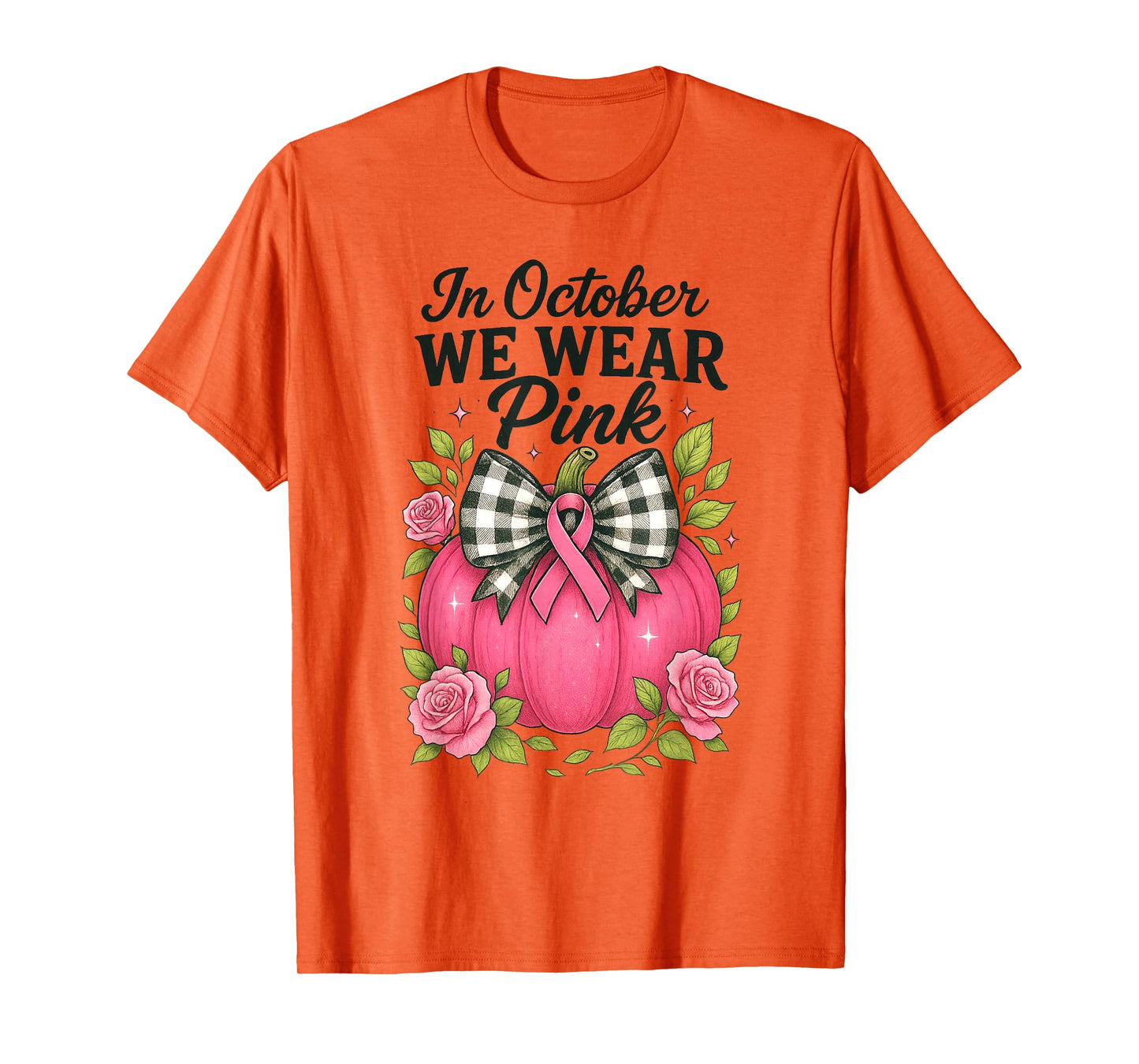 Bow Pumpkin in October We Wear Pink Breast Cancer Awareness T-Shirt