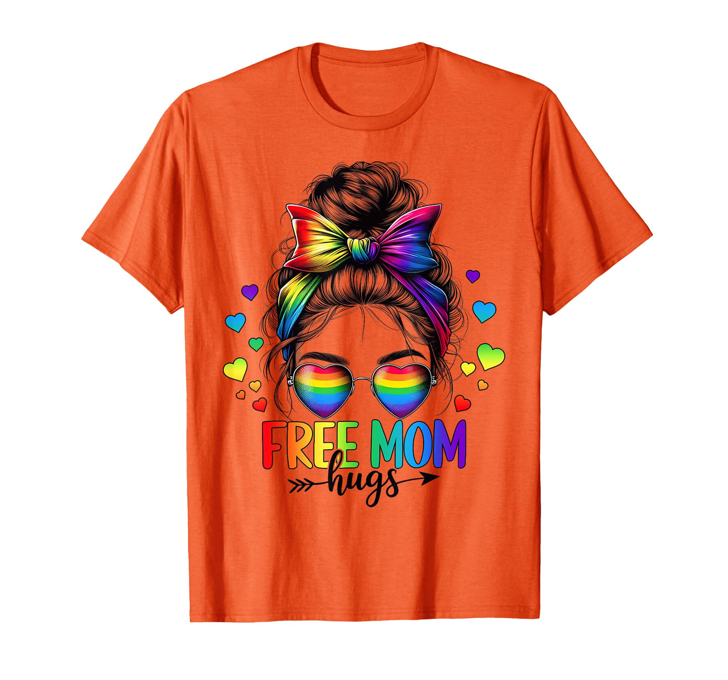 Free Mom Hugs LGBT Flag Messy Bun Trans Gay Pride Rainbow T-Shirt