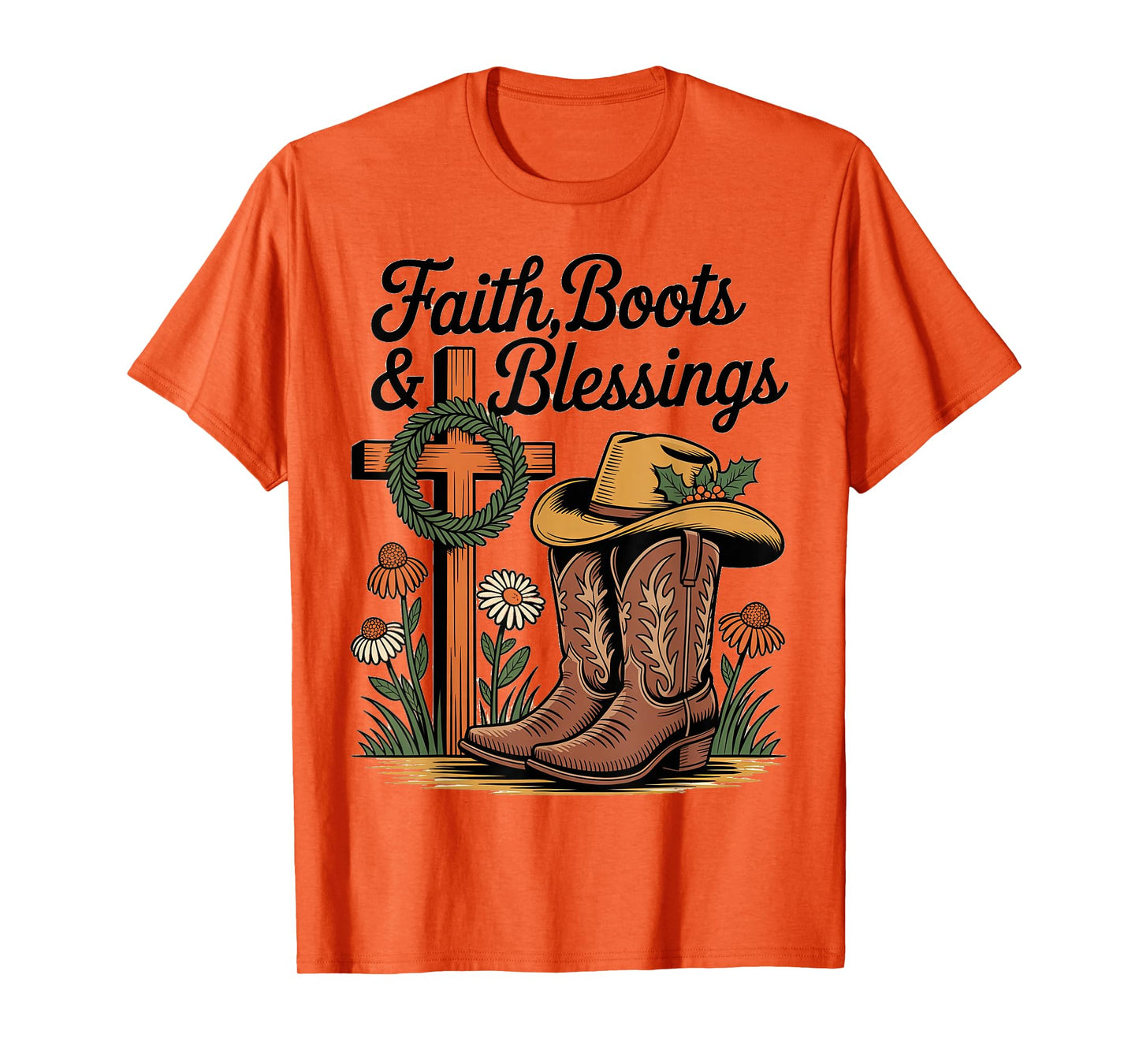 Faith Boots and Blessings Woodcut Rustic Retro Christmas T-Shirt