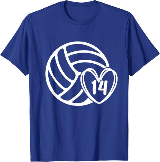Volleyball Player #14 Volleyball Mom Dad Number 14 T-Shirt - T-Shirt | Royal